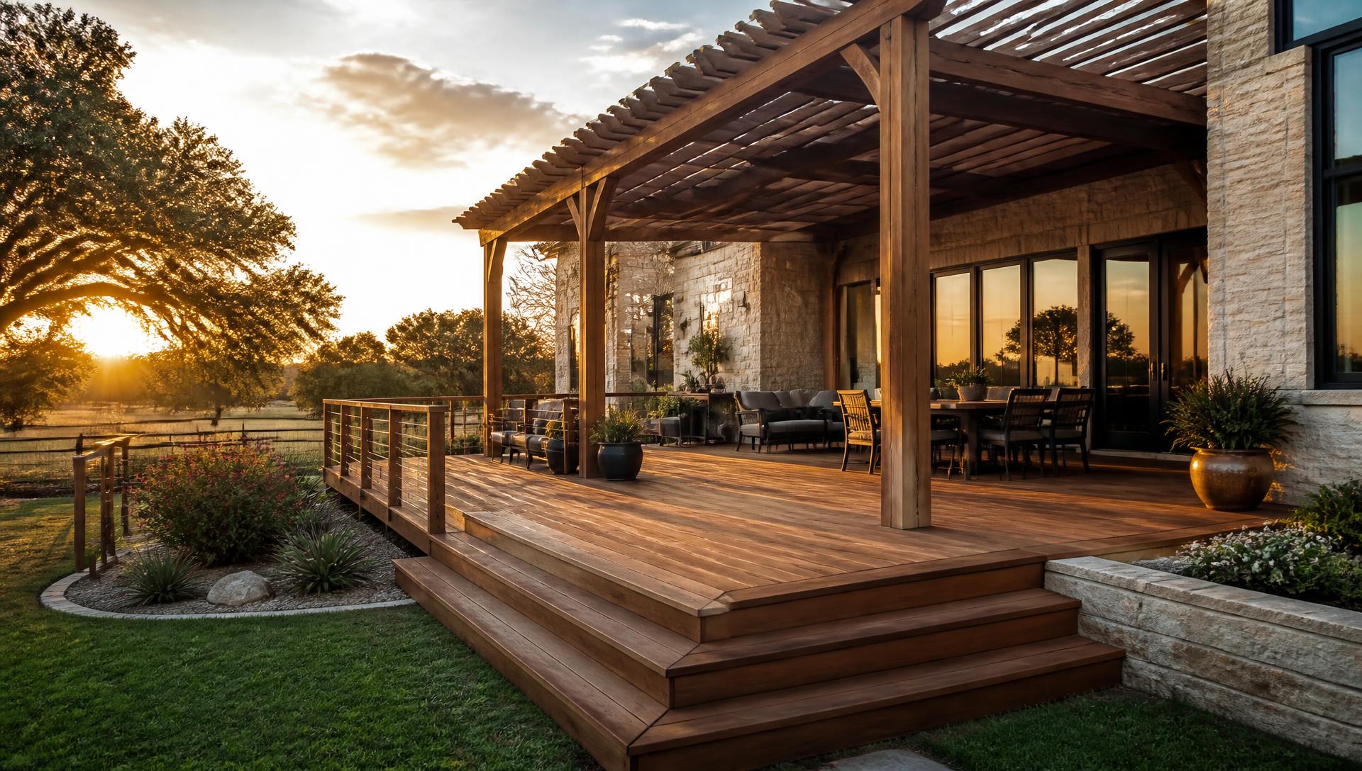 Custom cedar deck and pergola built on a Texas ranch home at sunset